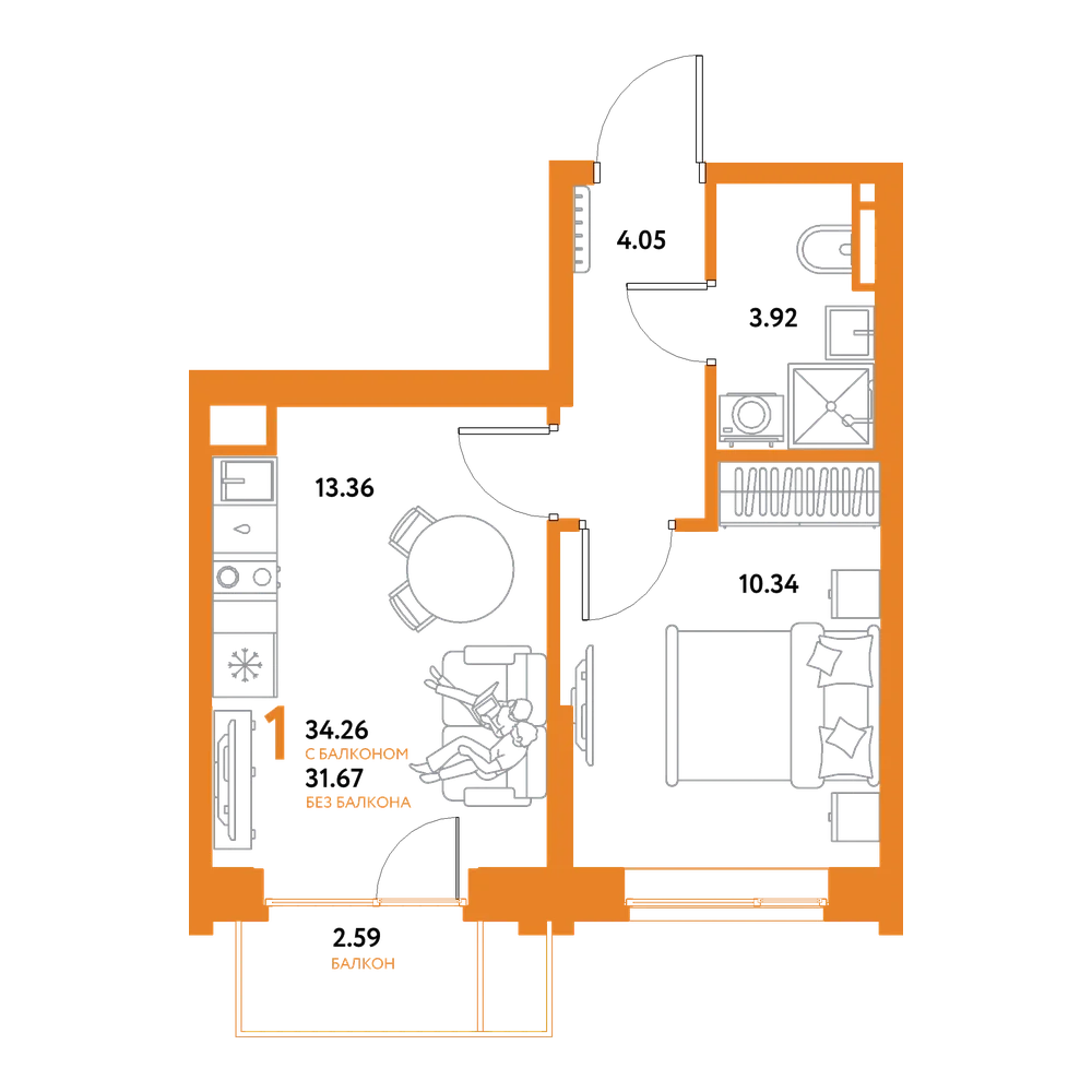 Планировка: 1-комнатная 34,26 м²