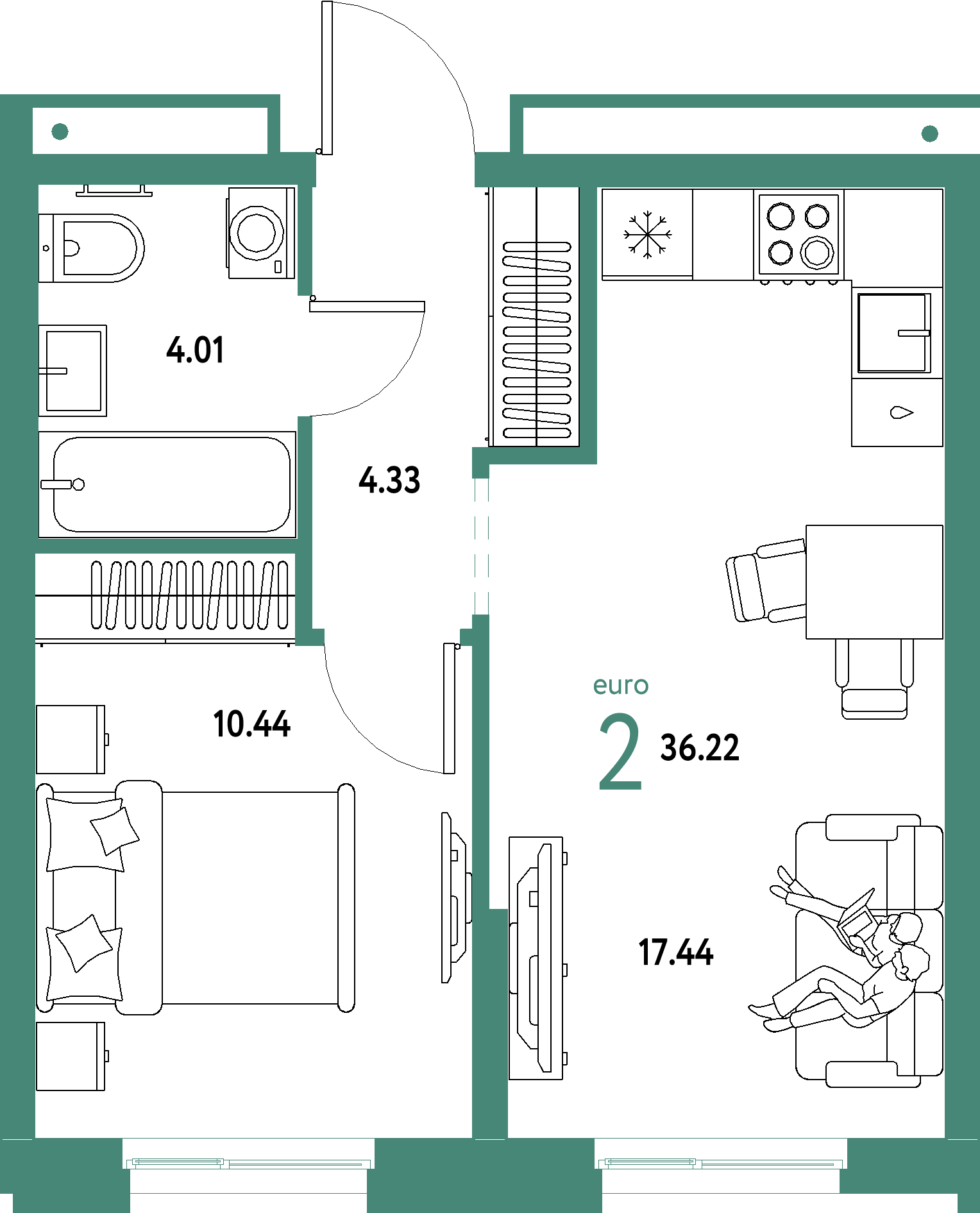 Планировка: Евродвушка 36,22 м² в ЖК «Домашний»
