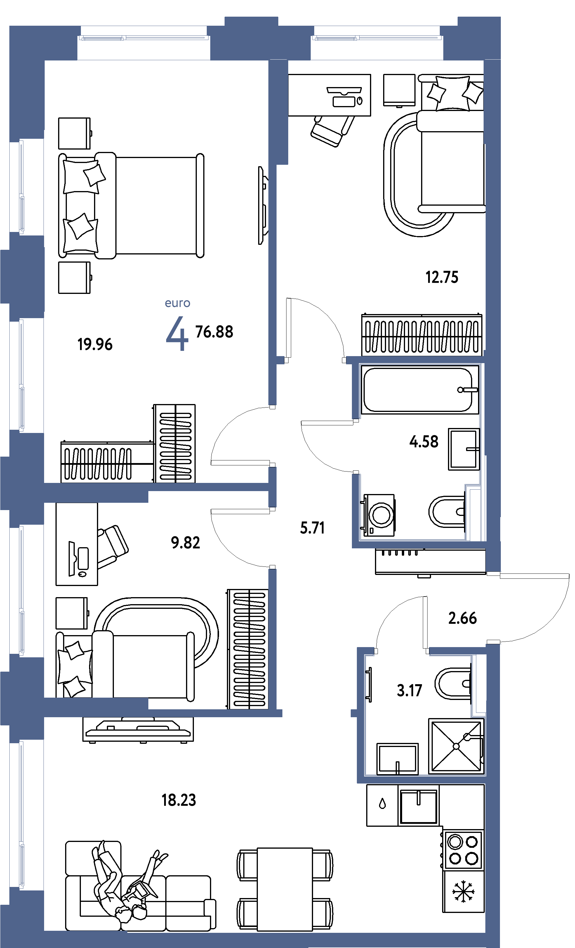 Планировка: Евро-4 76,88 м² в ЖК «Сердце Сибири»