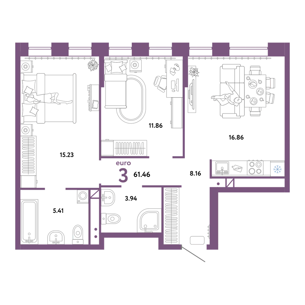 Планировка: Евротрёшка 61,46 м²