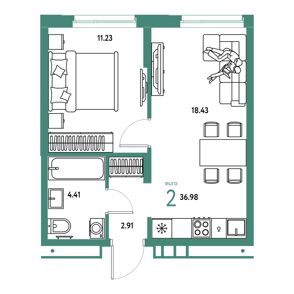 Планировка: Евродвушка 36,98 м²