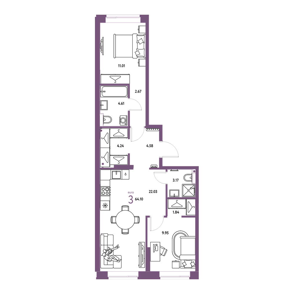 Планировка: Евротрёшка 64,1 м²