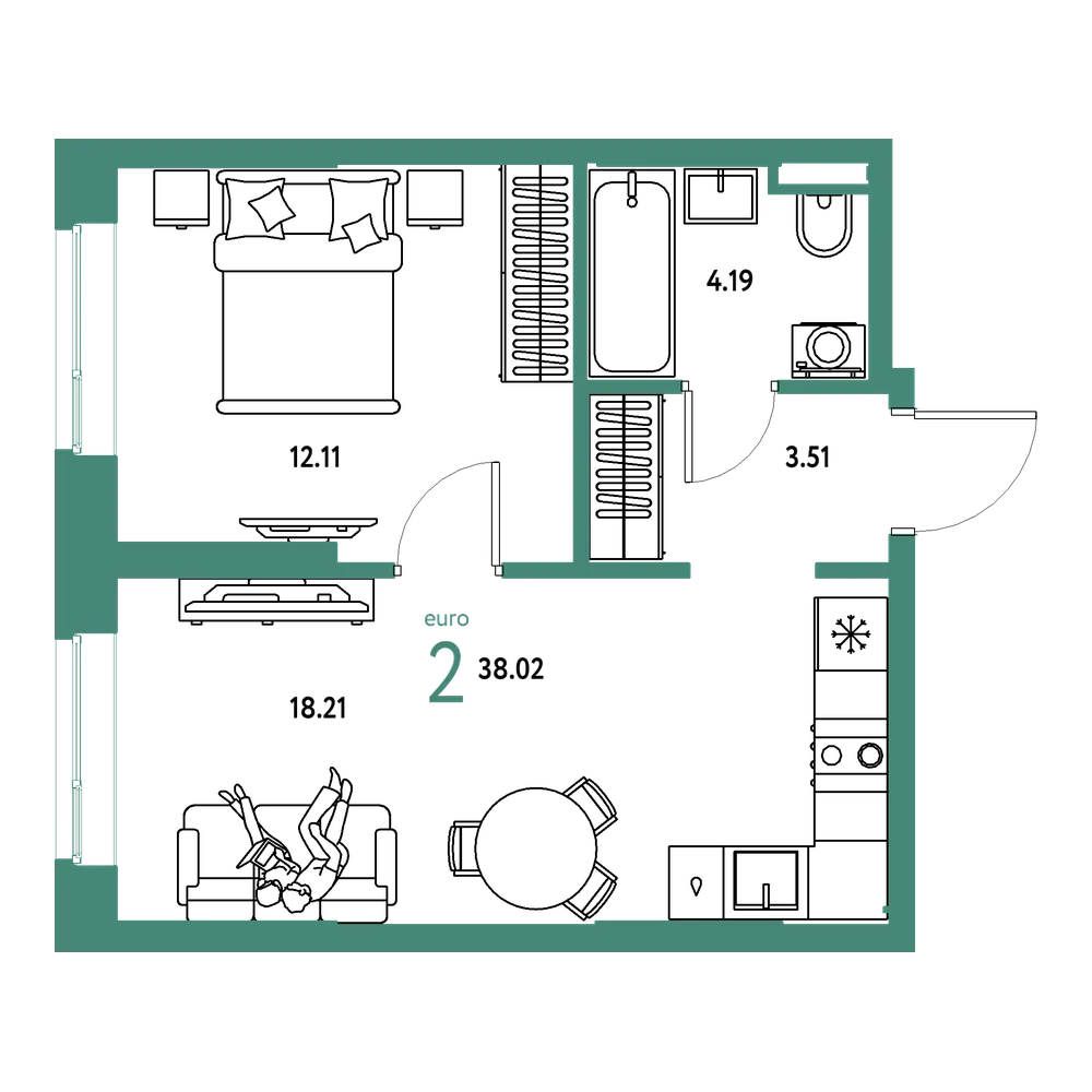 Планировка: Евродвушка 38,02 м²