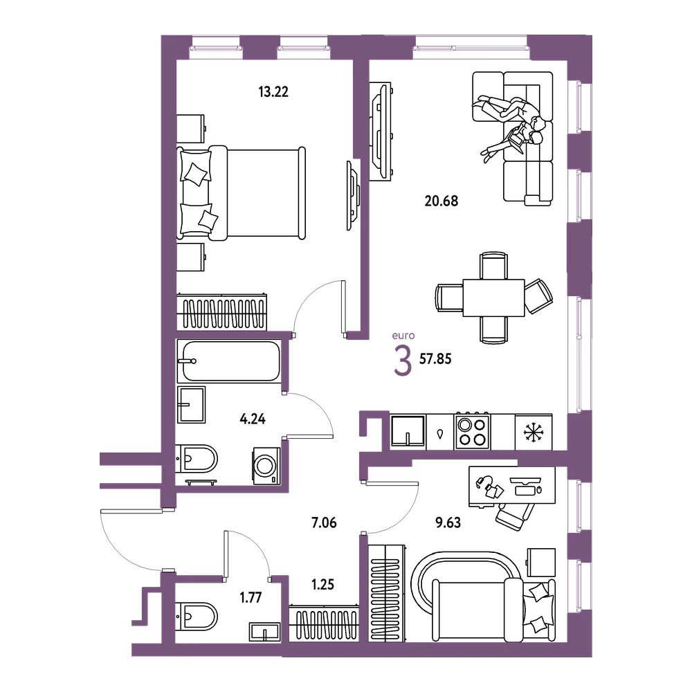 Планировка: Евротрёшка 57,85 м²