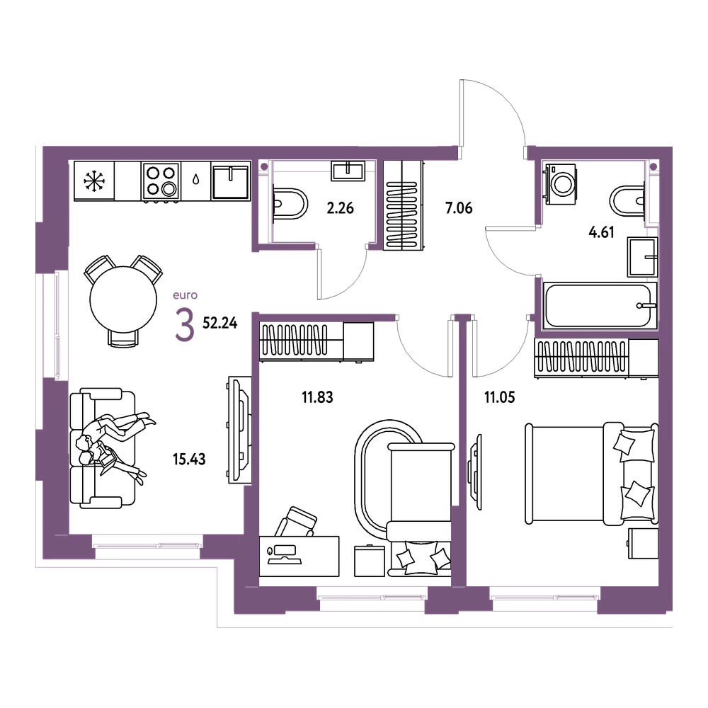 Планировка: Евротрёшка 52,24 м²