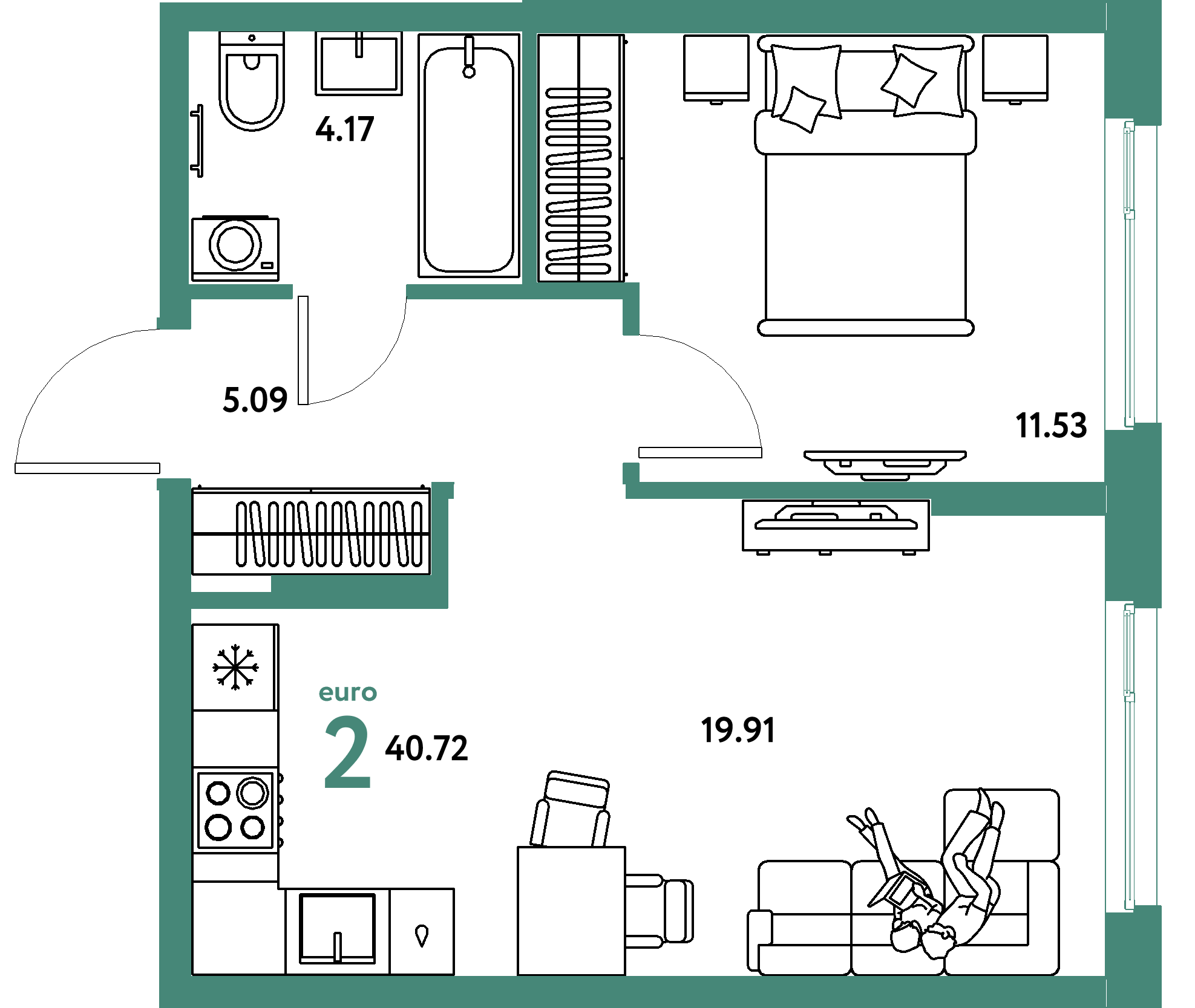 Планировка: Евродвушка 40,72 м² в ЖК «Европейский берег 2.0»
