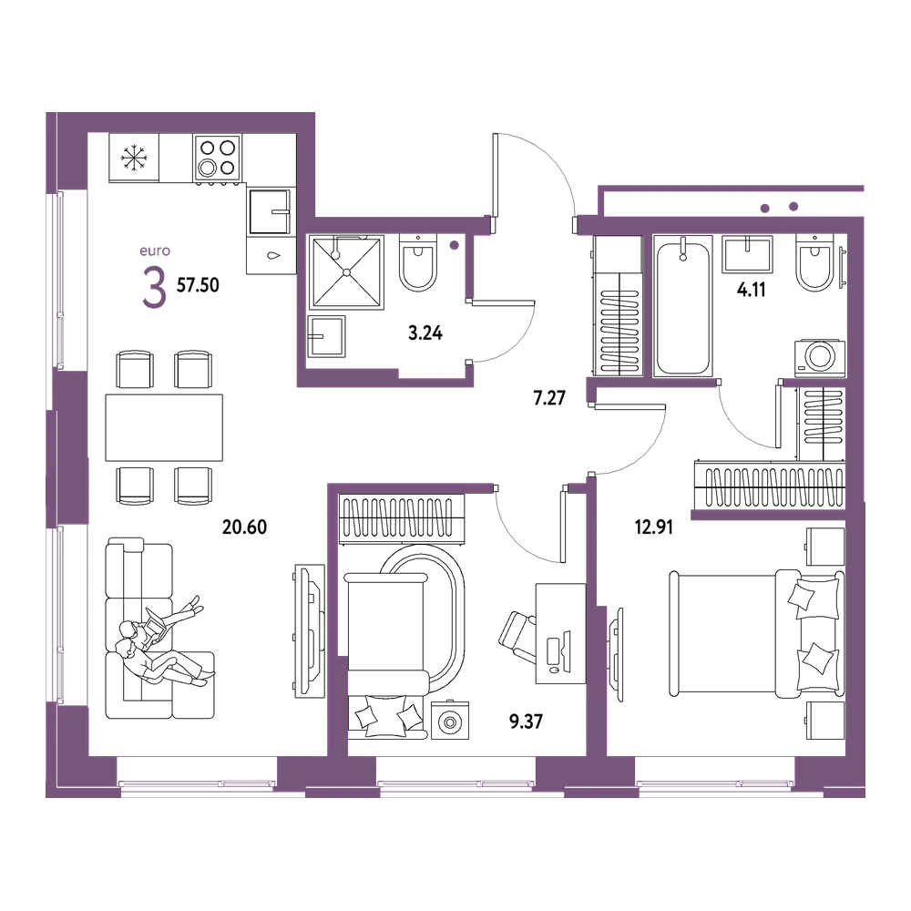 Планировка: Евротрёшка 57,5 м²