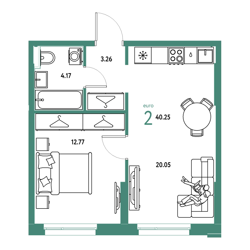 Планировка: Евродвушка 40,25 м²