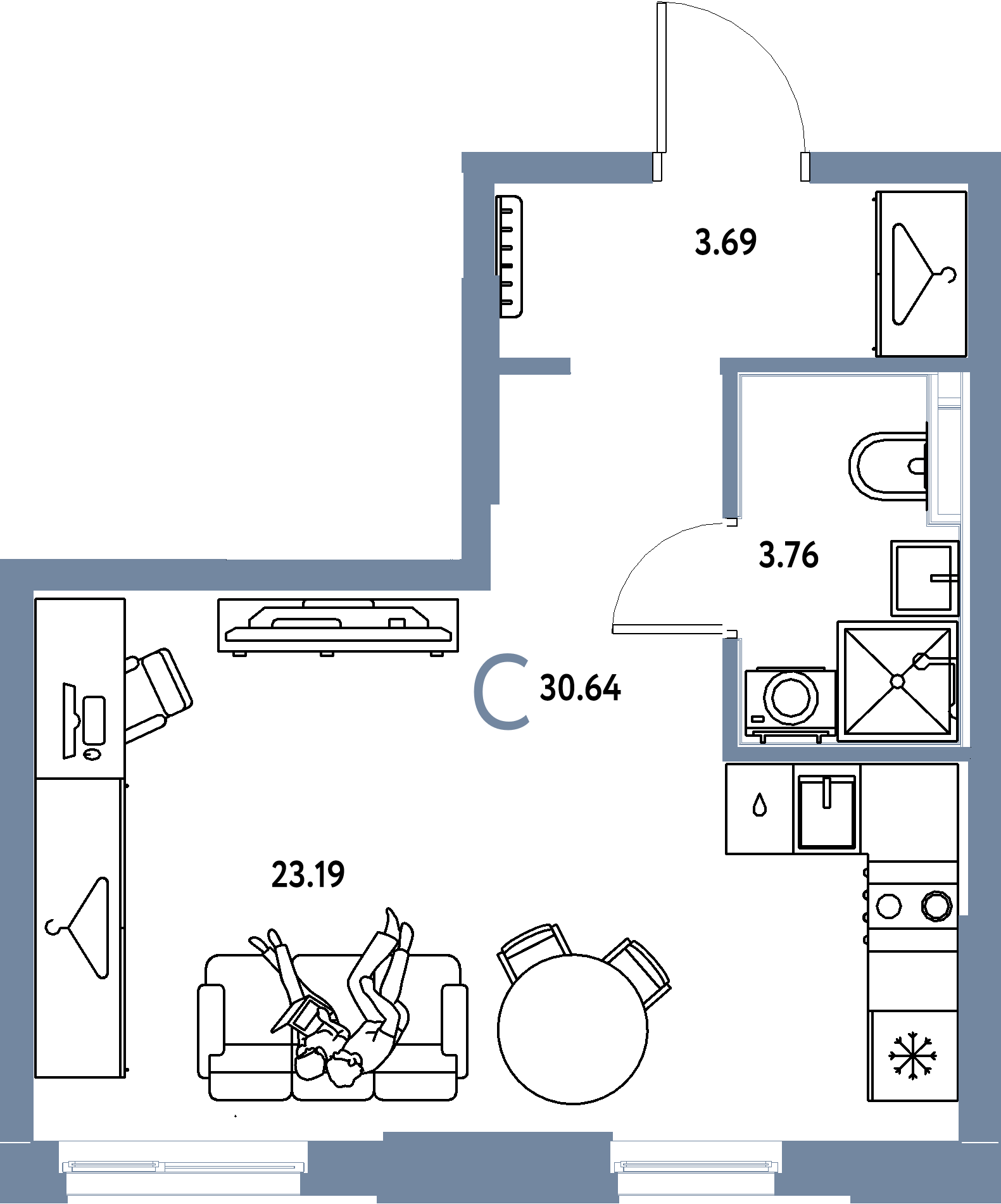 Планировка: Студия 30,64 м² в ЖК «Европейский берег 2.0»