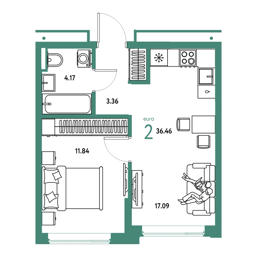 Планировка: Евродвушка 36,46 м²