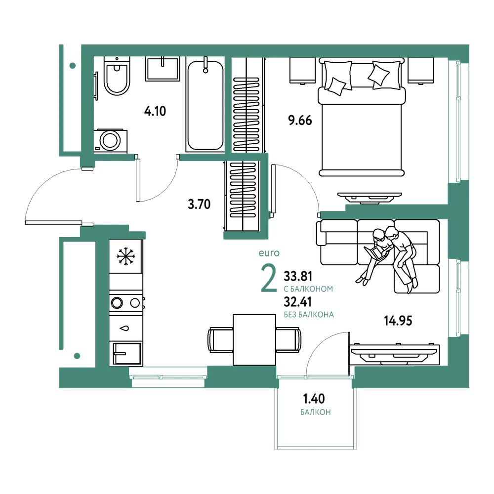 Планировка: Евродвушка 33,81 м²