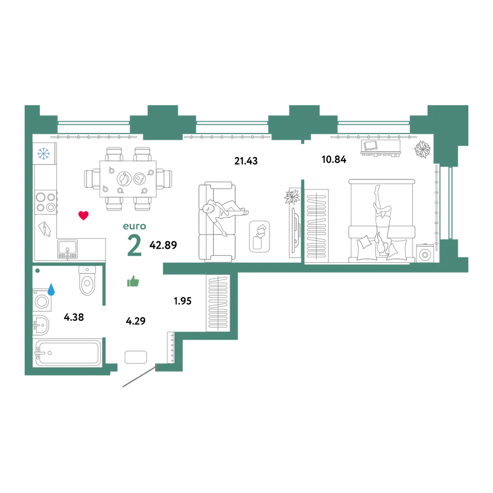 Планировка: Евродвушка 42,15 м²