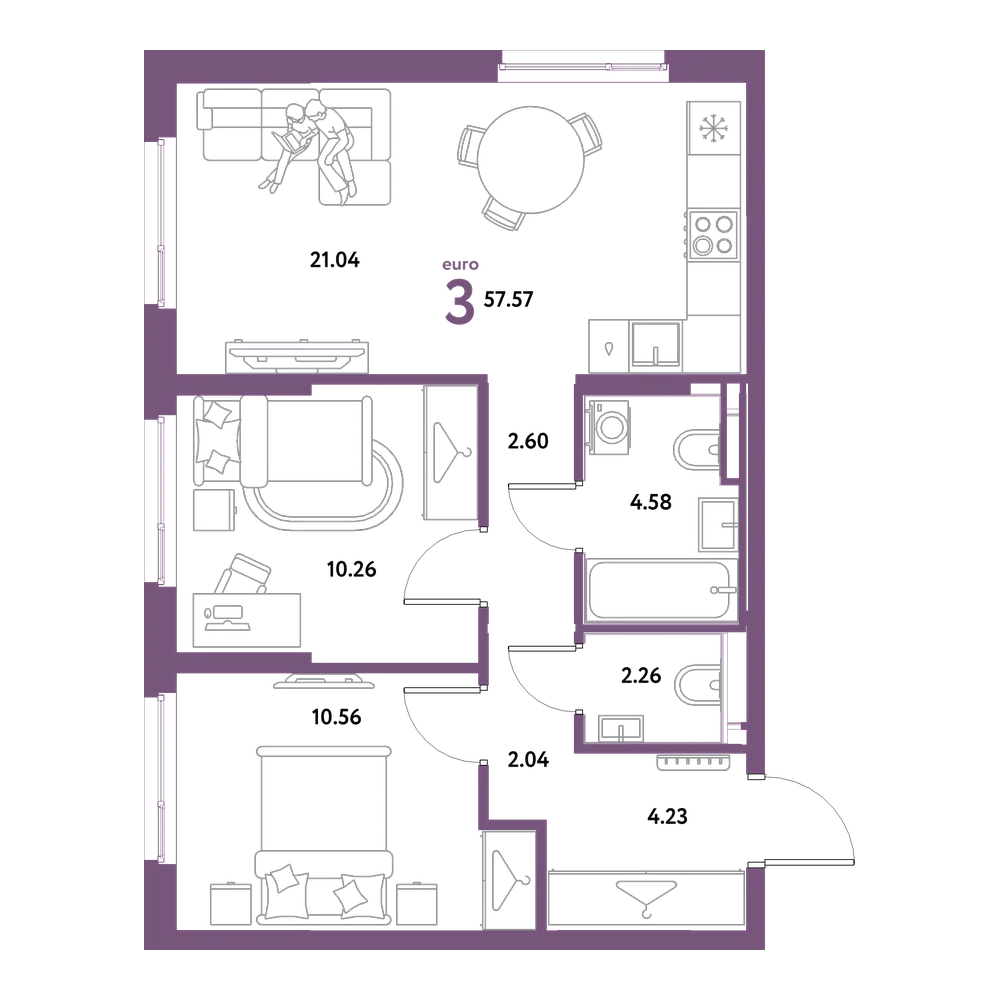 Планировка: Евротрёшка 57,57 м²