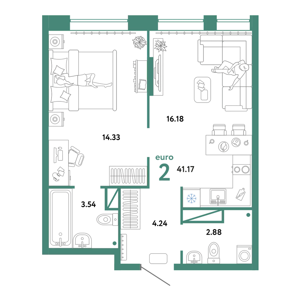 Планировка: Евродвушка 41,17 м²