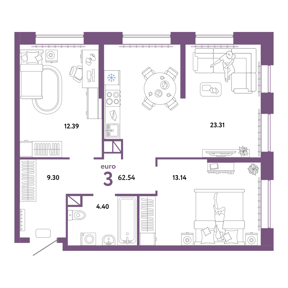 Планировка: Евротрёшка 62,54 м²