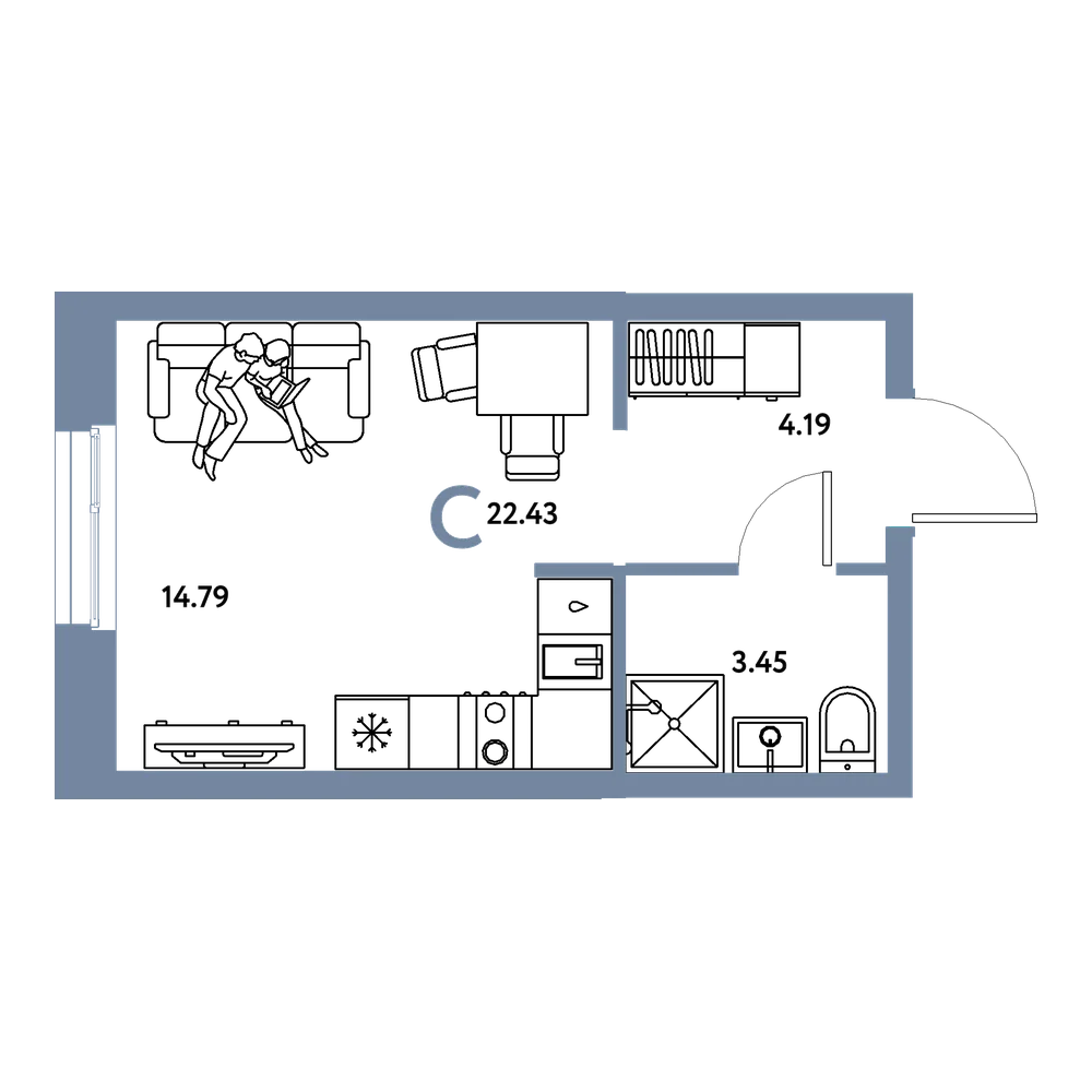 Планировка: Студия 22,43 м²