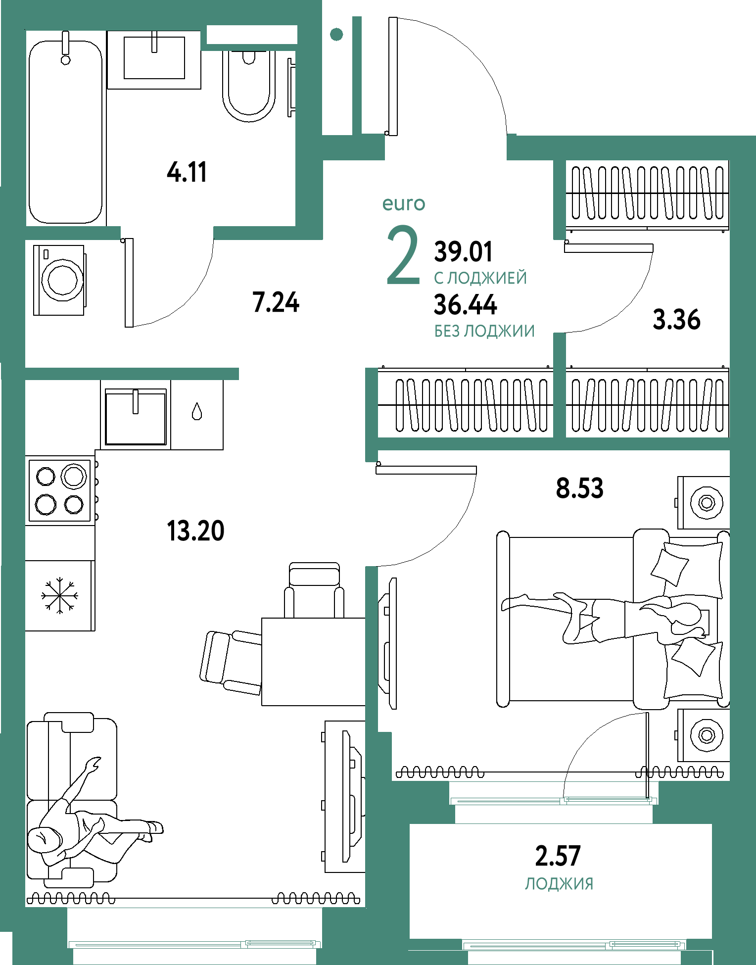 Планировка: Евродвушка 39,01 м² в ЖК «Домашний»