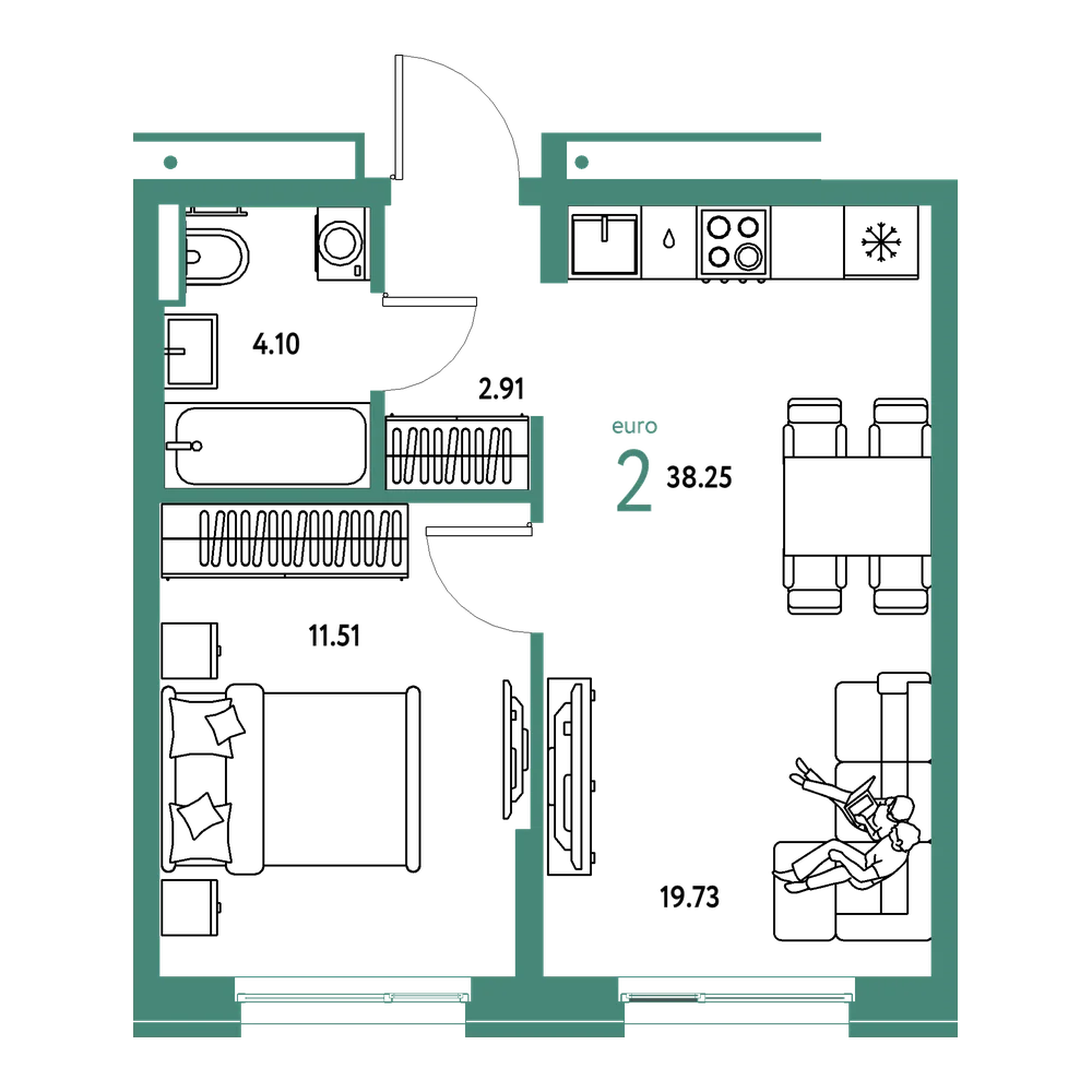 Планировка: Евродвушка 38,25 м²