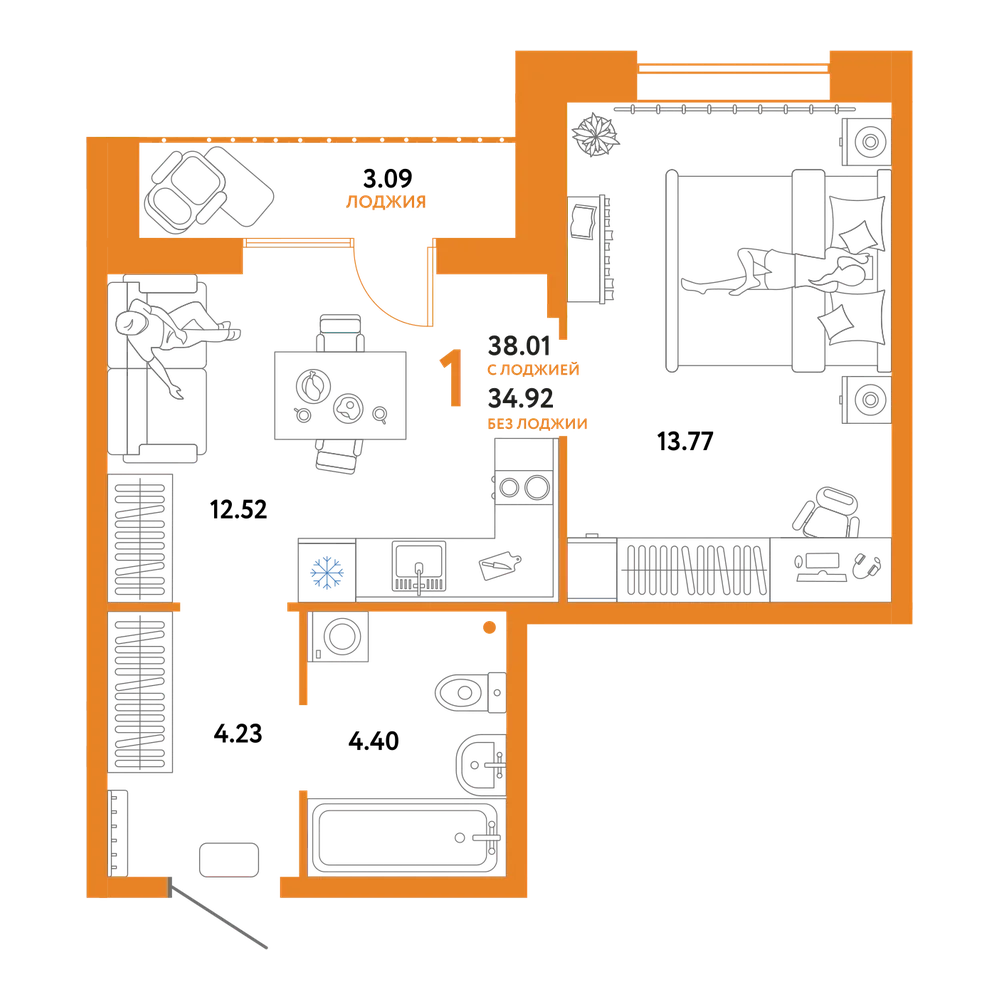 Планировка: 1-комнатная 38,01 м²