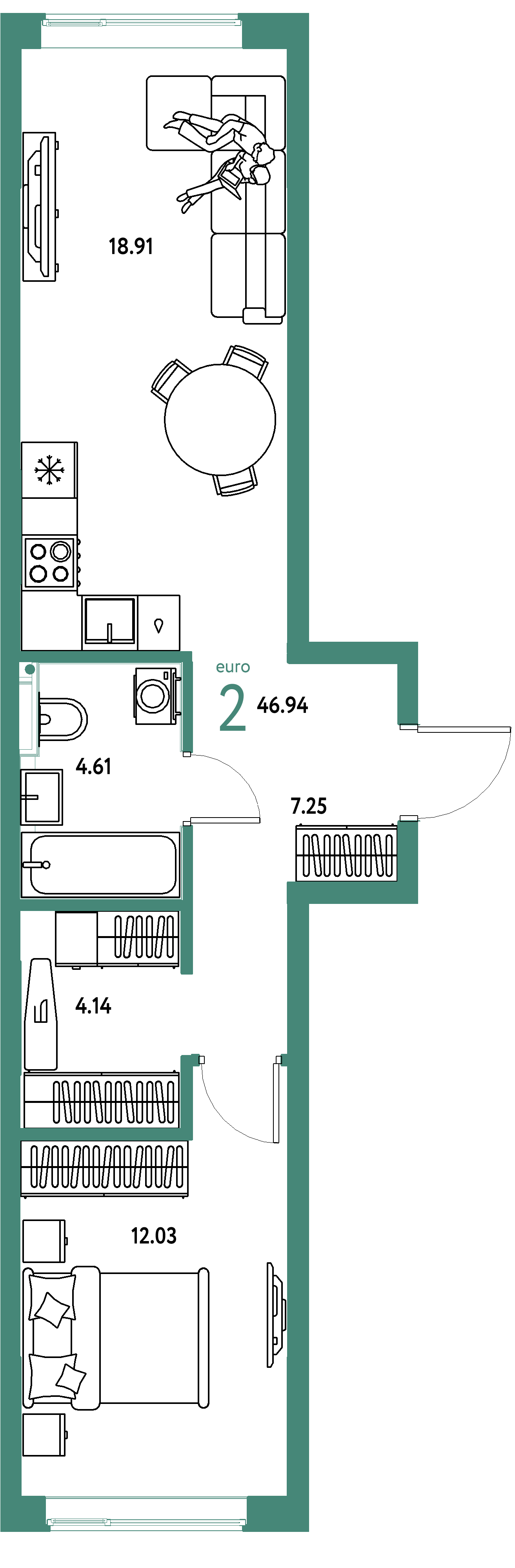 Планировка: Евродвушка 46,94 м² в ЖК «Остров-сад»
