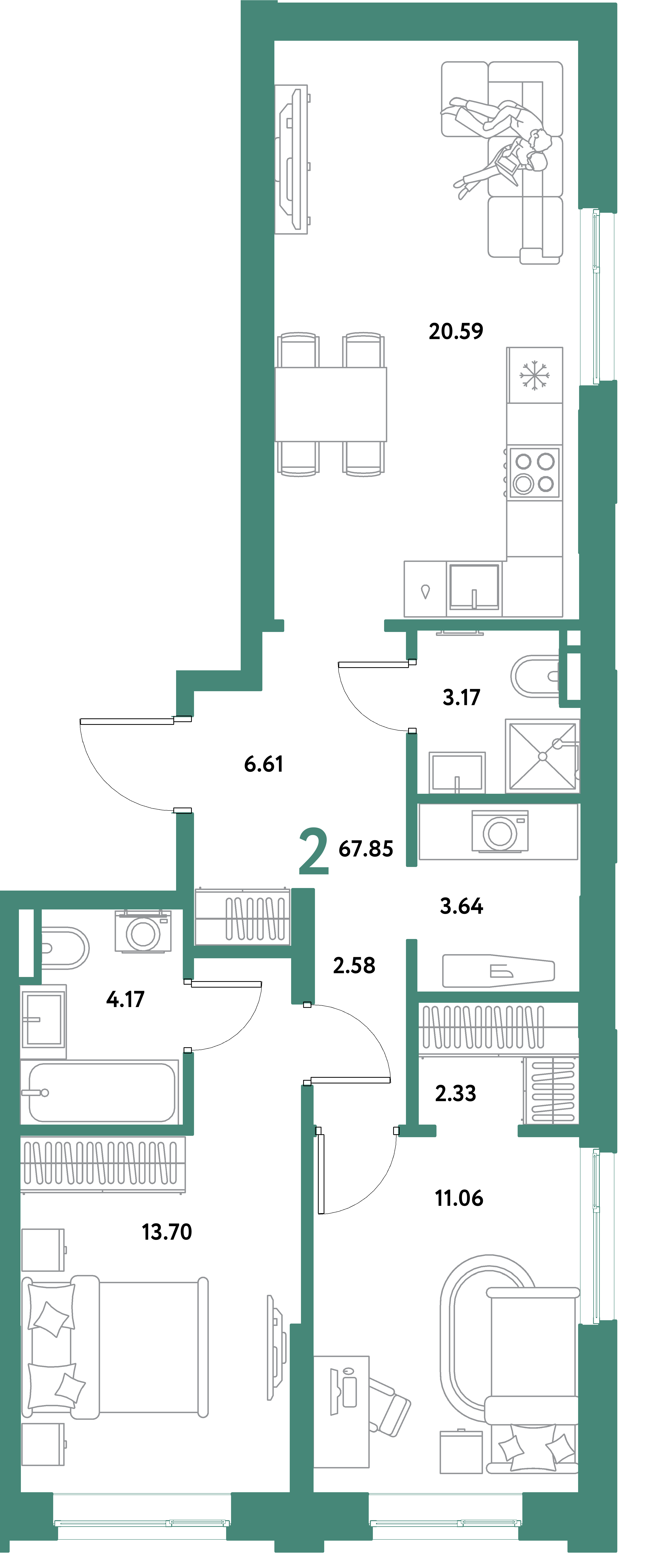 Планировка: 2-комнатная 67,85 м² в ЖК «Остров-сад»