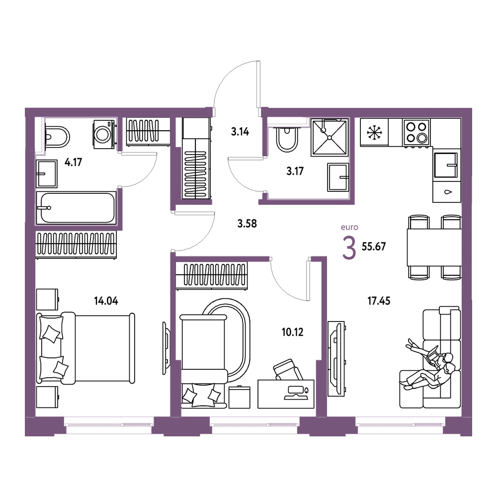 Планировка: Евротрёшка 55,67 м²