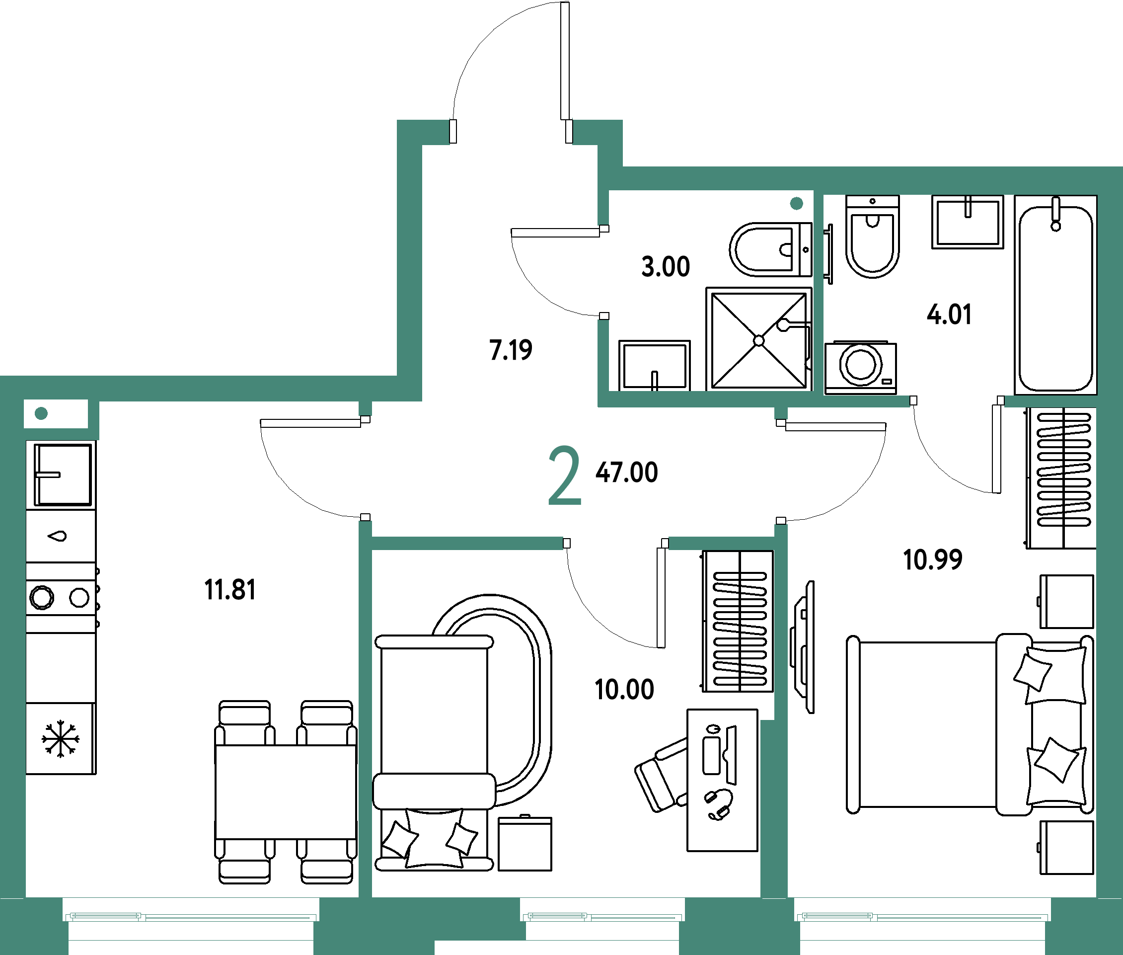 Планировка: 2-комнатная 47 м² в ЖК «Домашний»