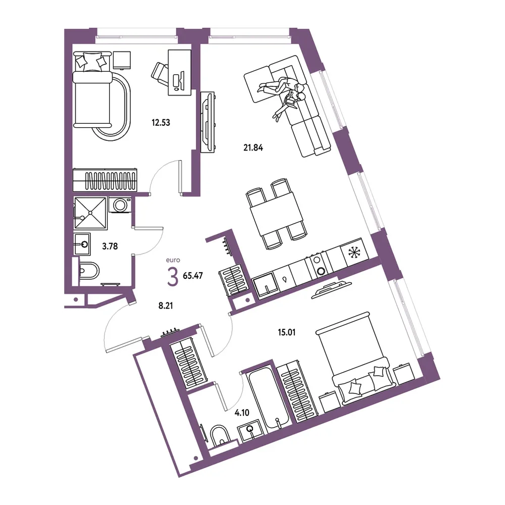 Планировка: Евротрёшка 65,47 м²