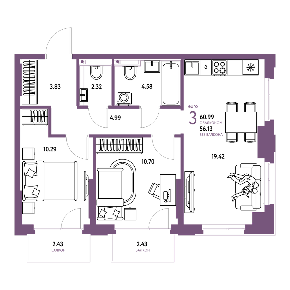 Планировка: Евротрёшка 60,99 м²