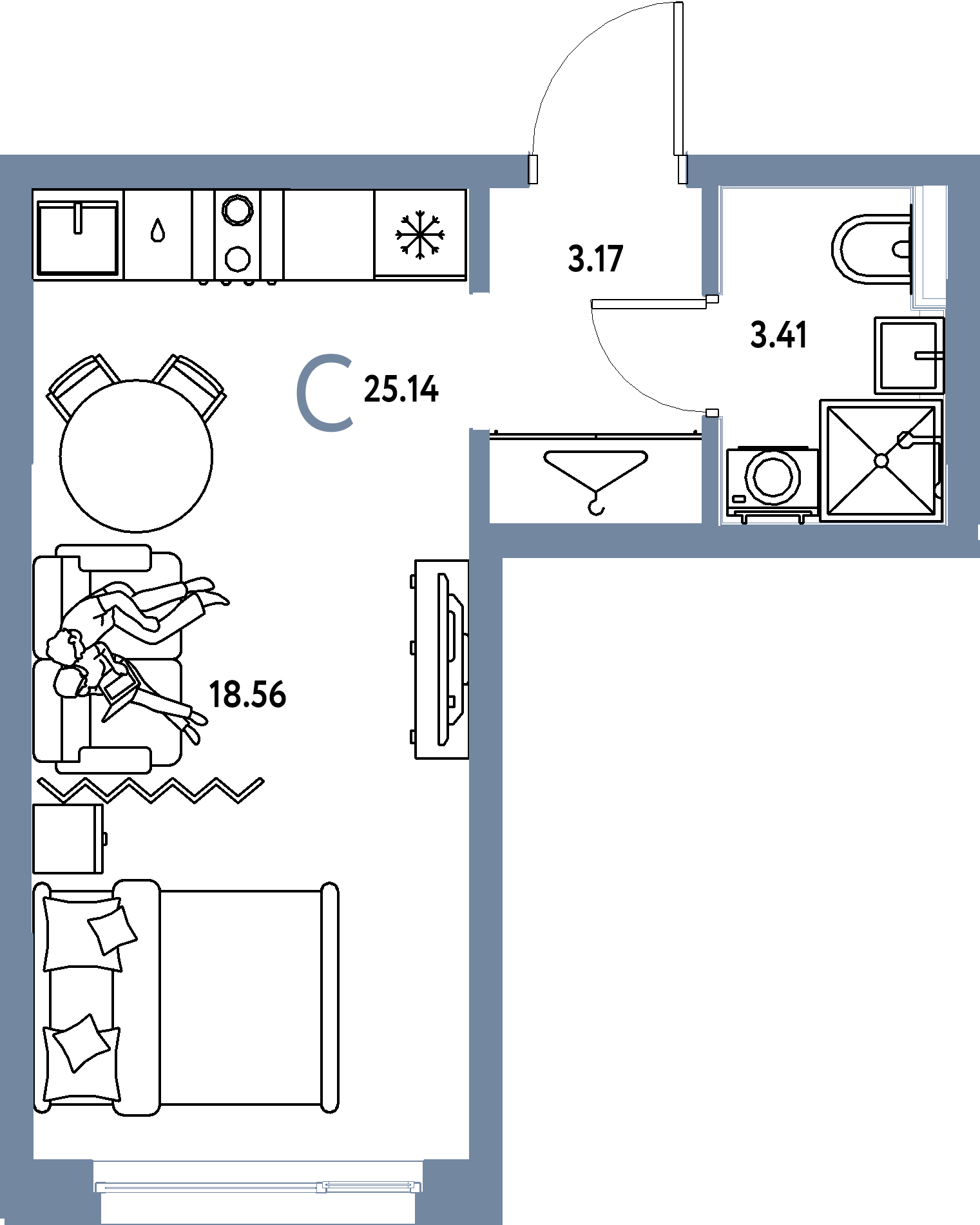 Планировка: Студия 25,14 м² в ЖК «Страна.Прибрежная»