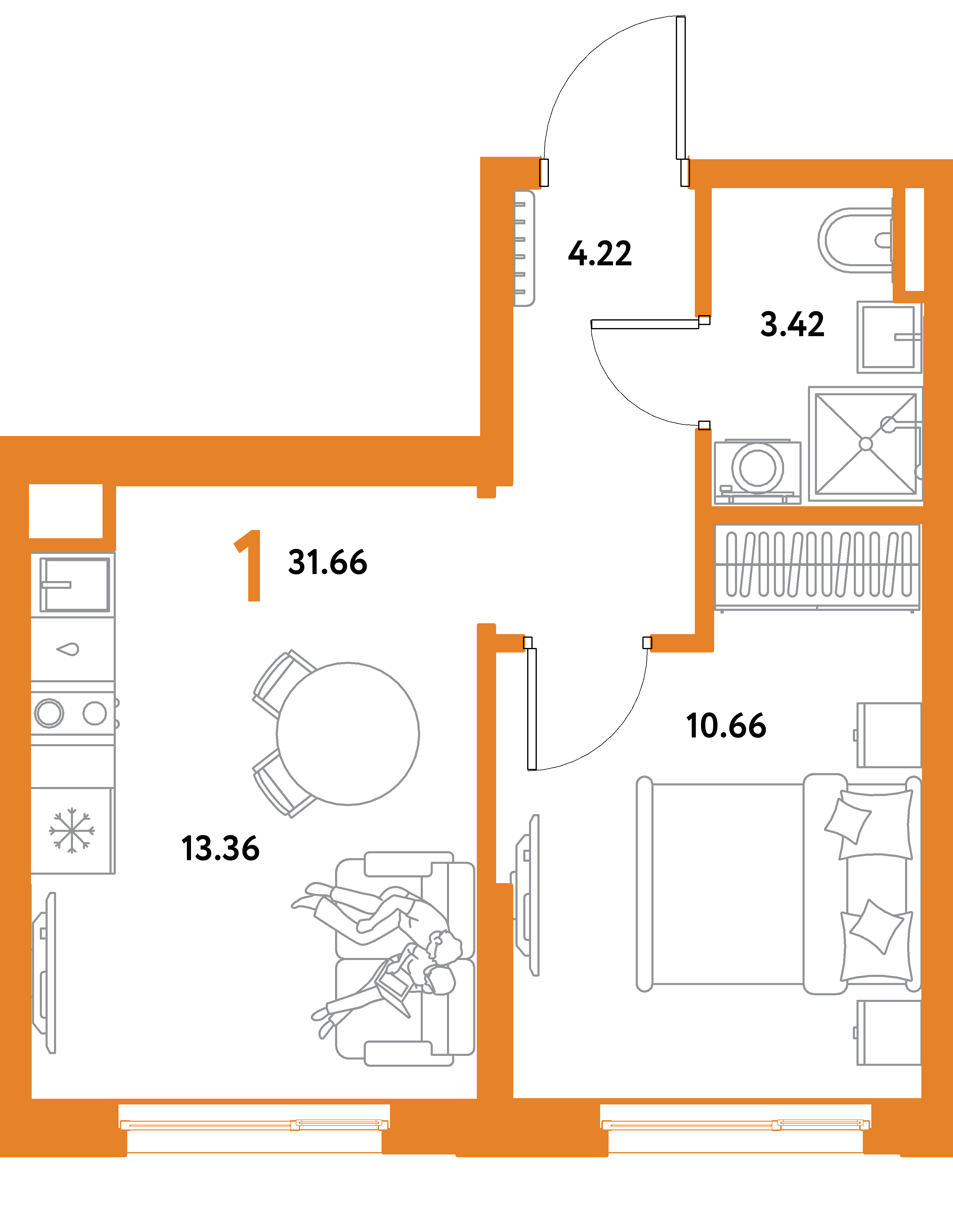 Планировка: 1-комнатная 31,66 м² в ЖК «Остров-сад»