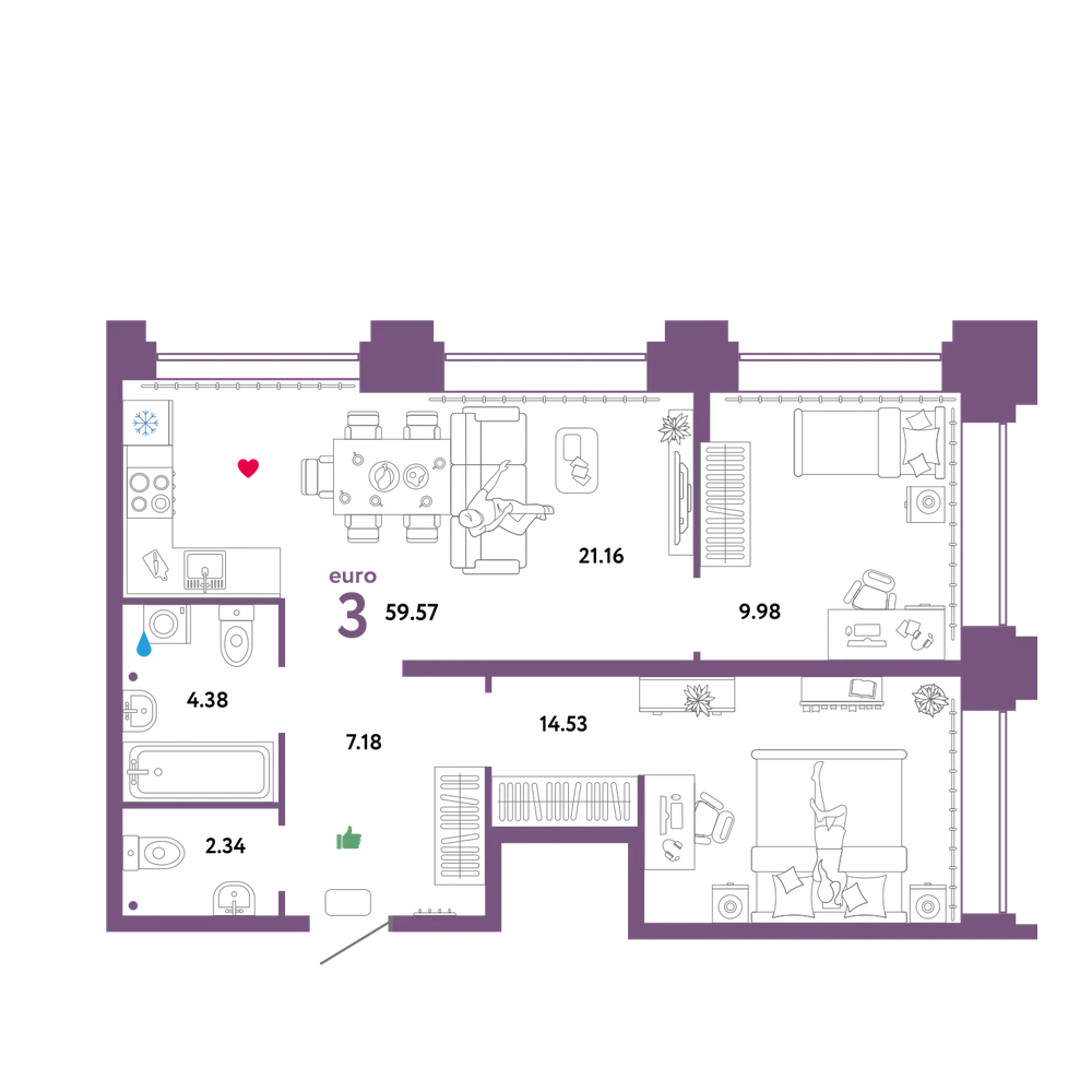 Планировка: Евротрёшка 59,57 м²