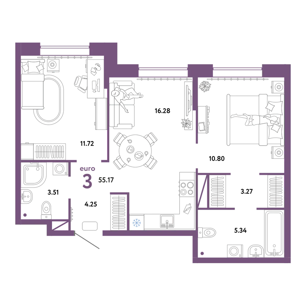 Планировка: Евротрёшка 55,17 м²