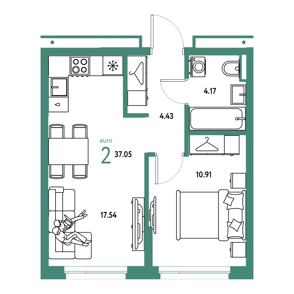 Планировка: Евродвушка 37,05 м²