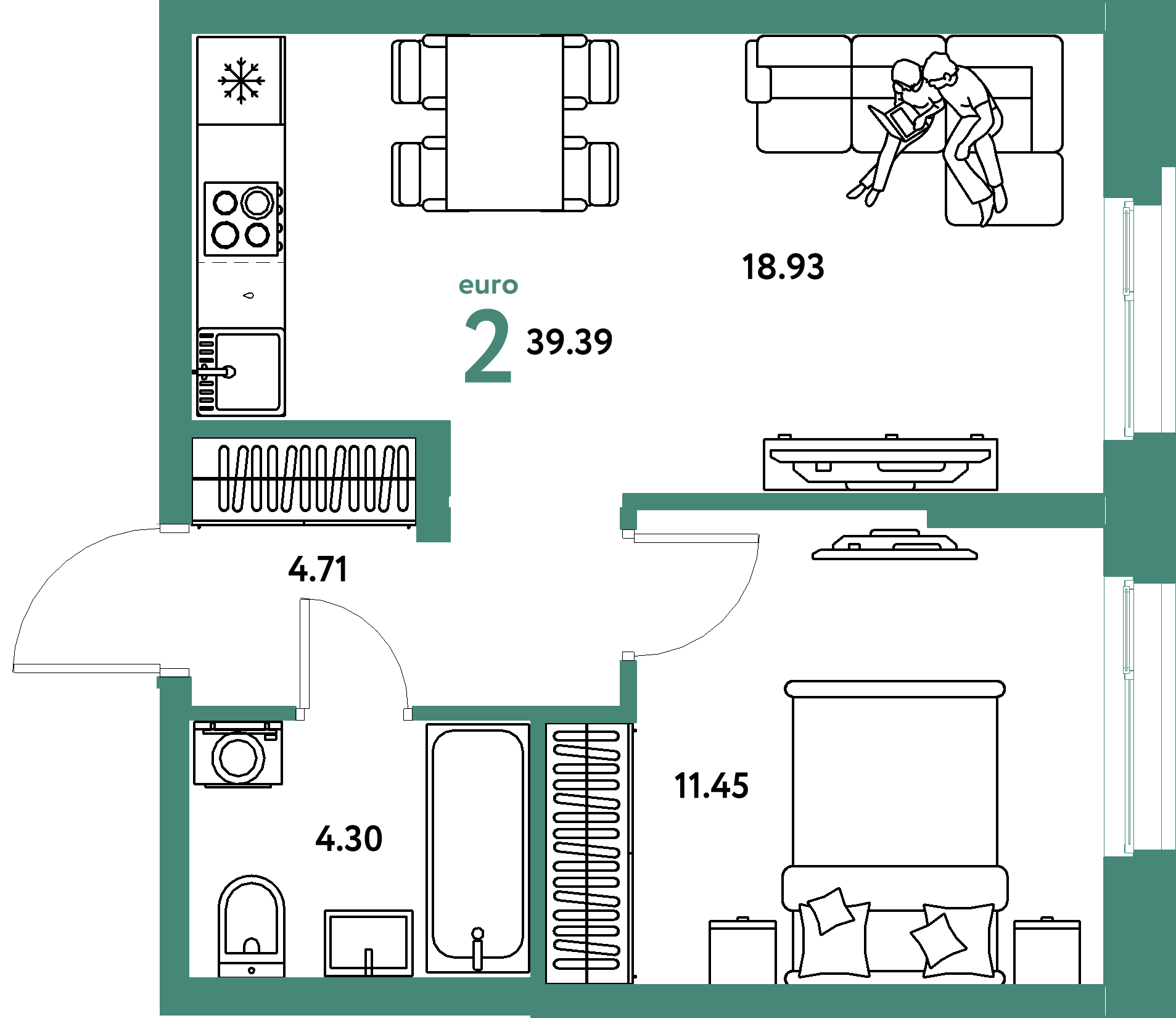 Планировка: Евродвушка 39,39 м² в ЖК «Европейский берег 2.0»