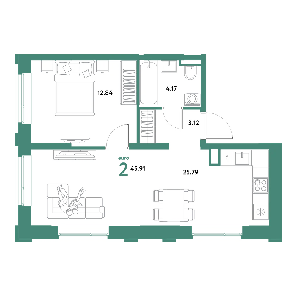 Планировка: Евродвушка 45,91 м²