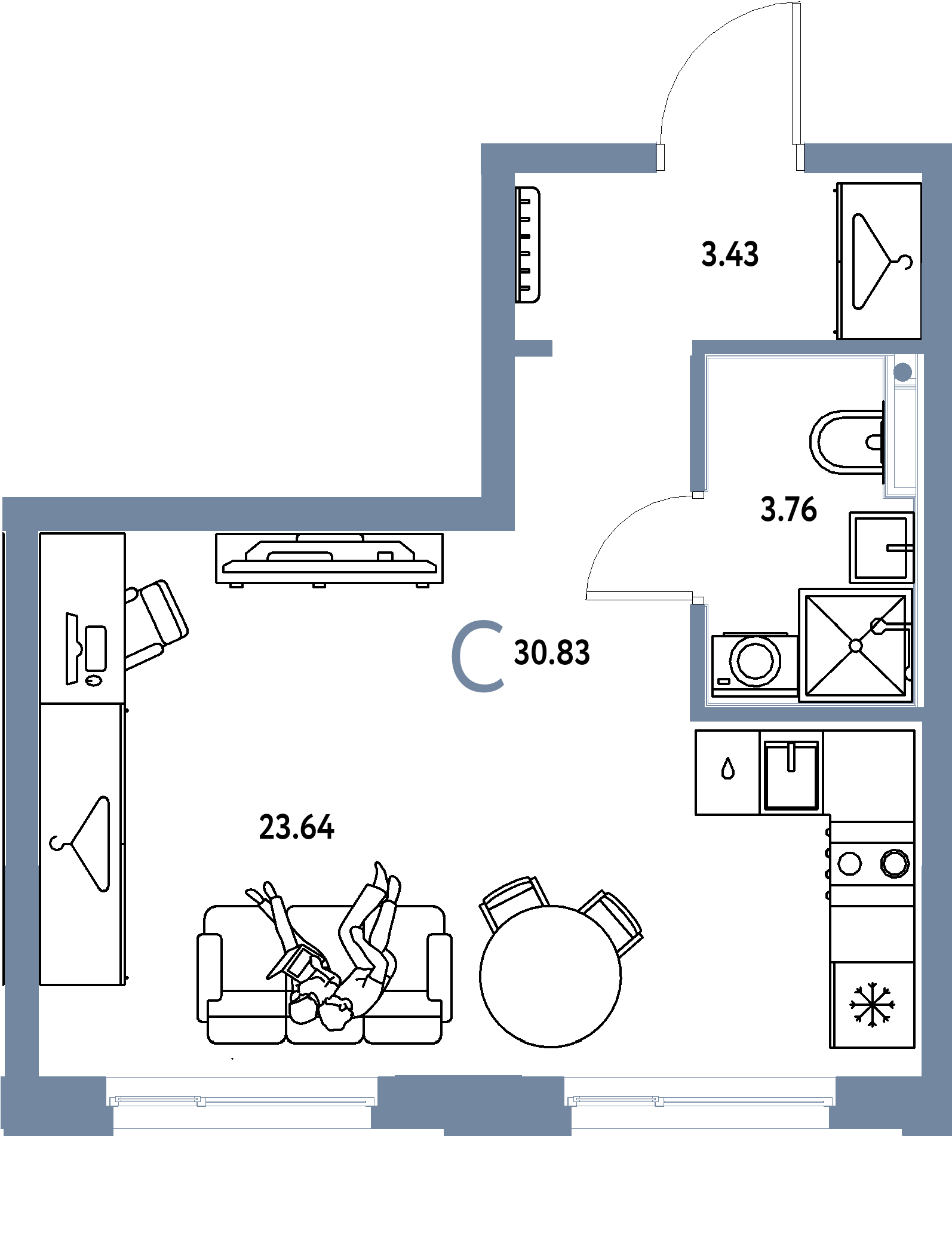 Планировка: Студия 30,83 м² в ЖК «Европейский берег 2.0»