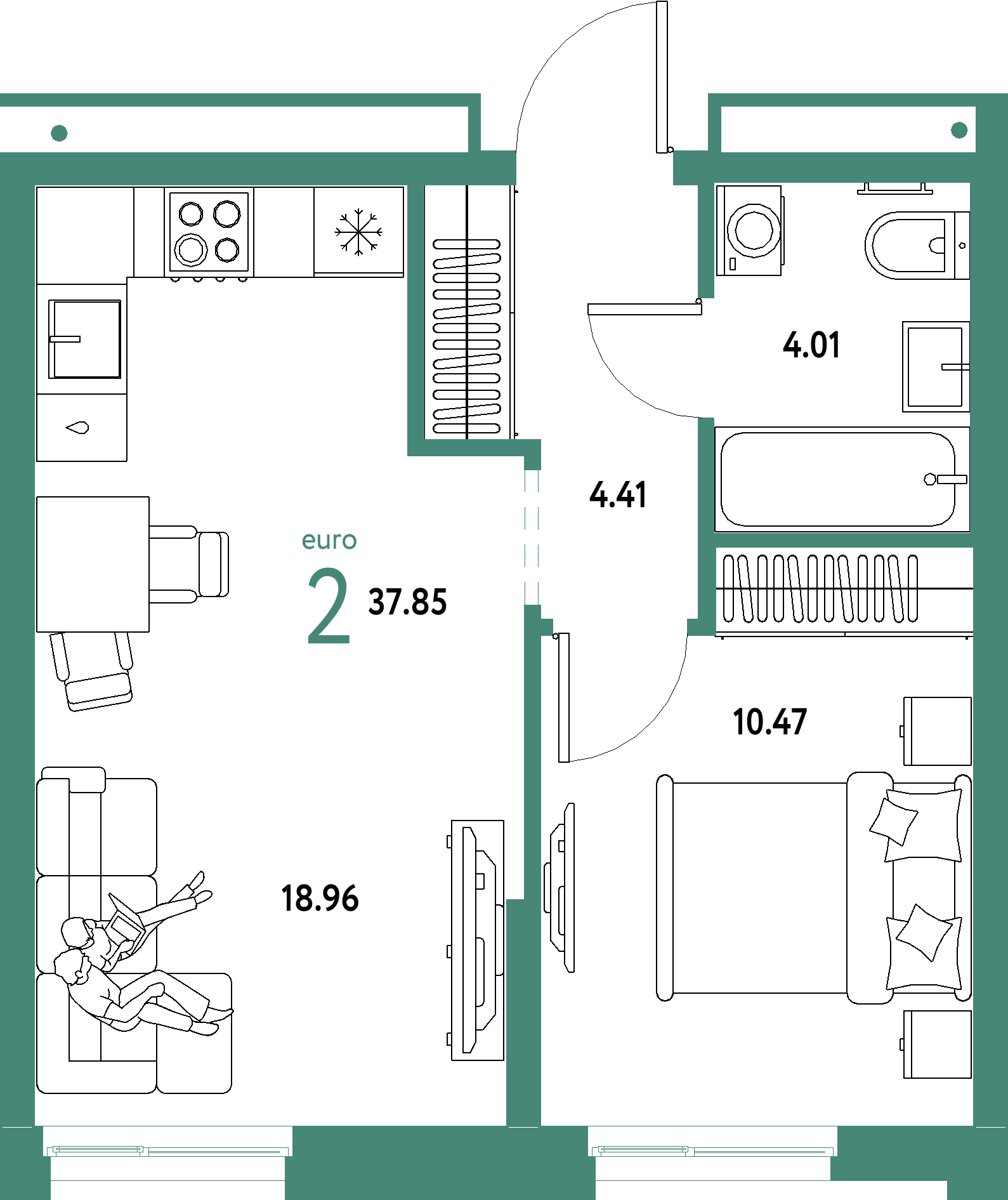 Планировка: Евродвушка 37,85 м² в ЖК «Домашний»