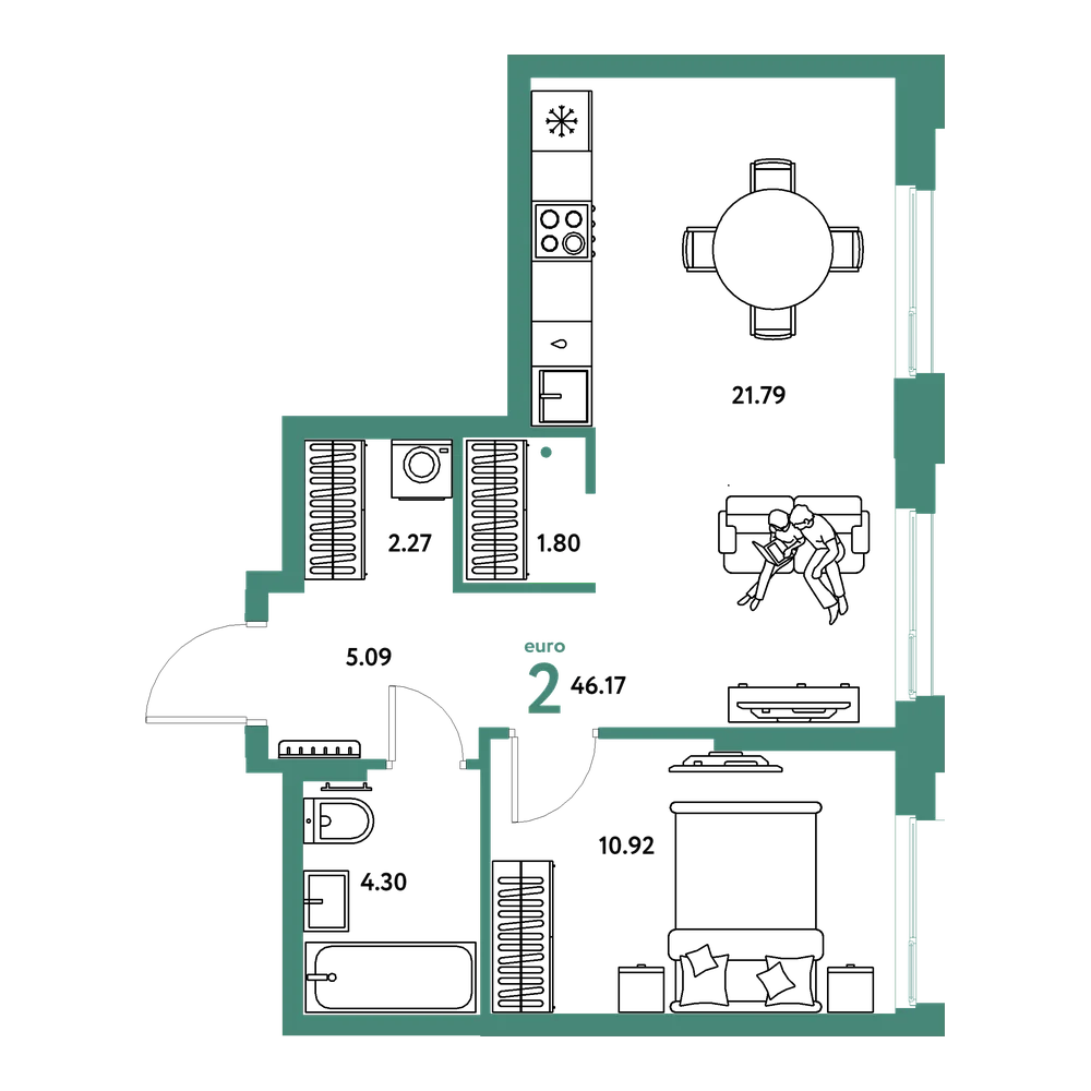 Планировка: Евродвушка 46,17 м²
