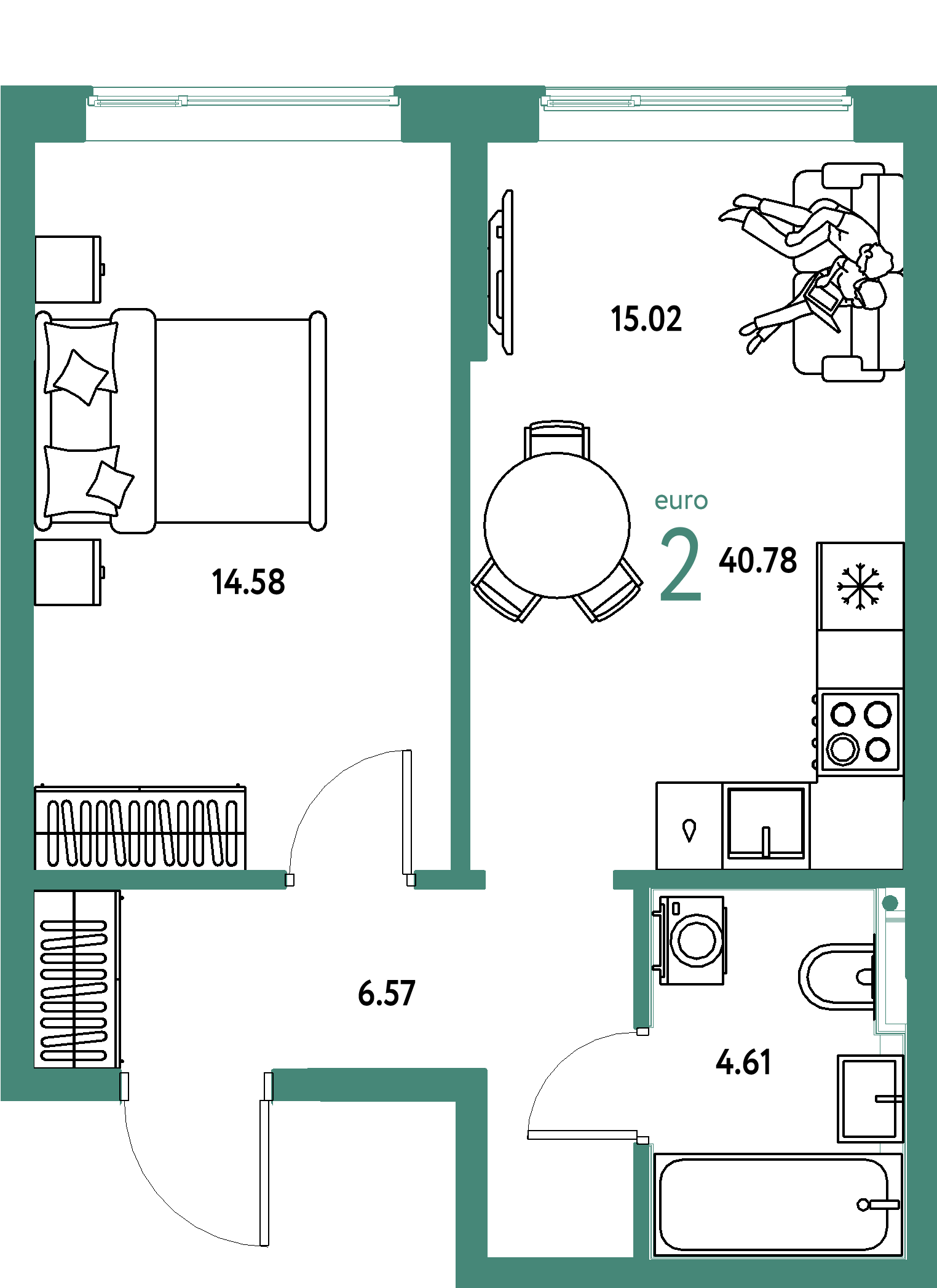 Планировка: Евродвушка 40,78 м² в ЖК «Остров-сад»