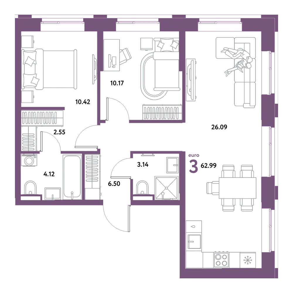 Планировка: Евротрёшка 62,99 м²