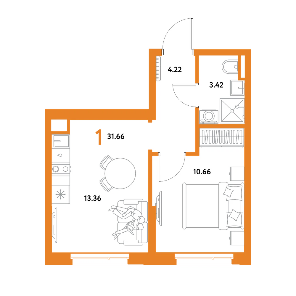 Планировка: 1-комнатная 31,66 м²