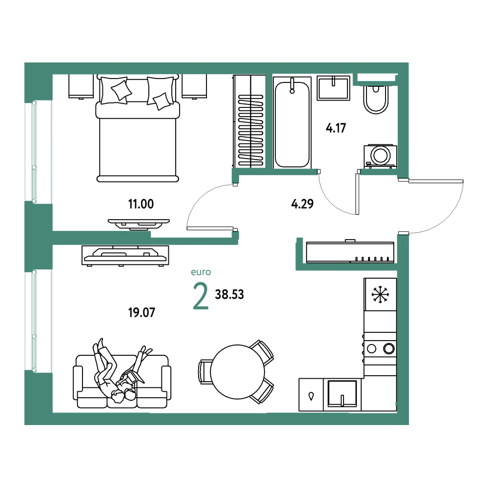 Планировка: Евродвушка 38,53 м²