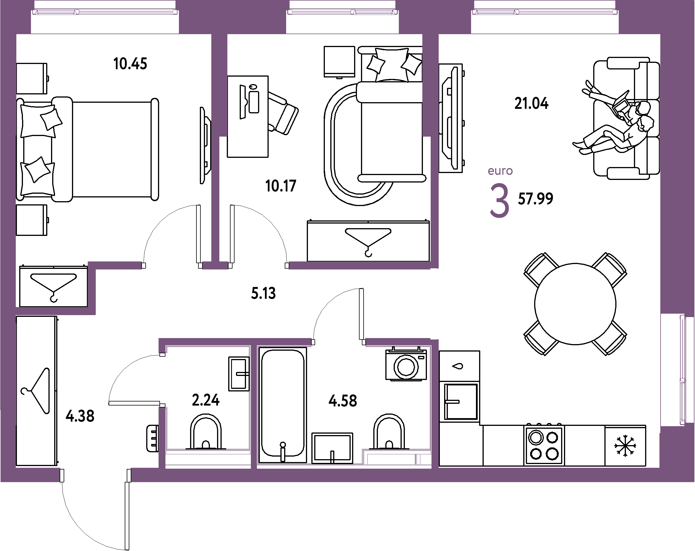 Планировка: Евротрёшка 57,99 м² в ЖК «Европейский берег 2.0»