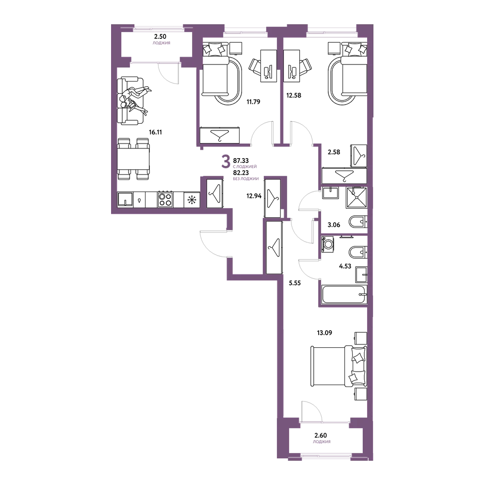 Планировка: 3-комнатная 87,33 м²