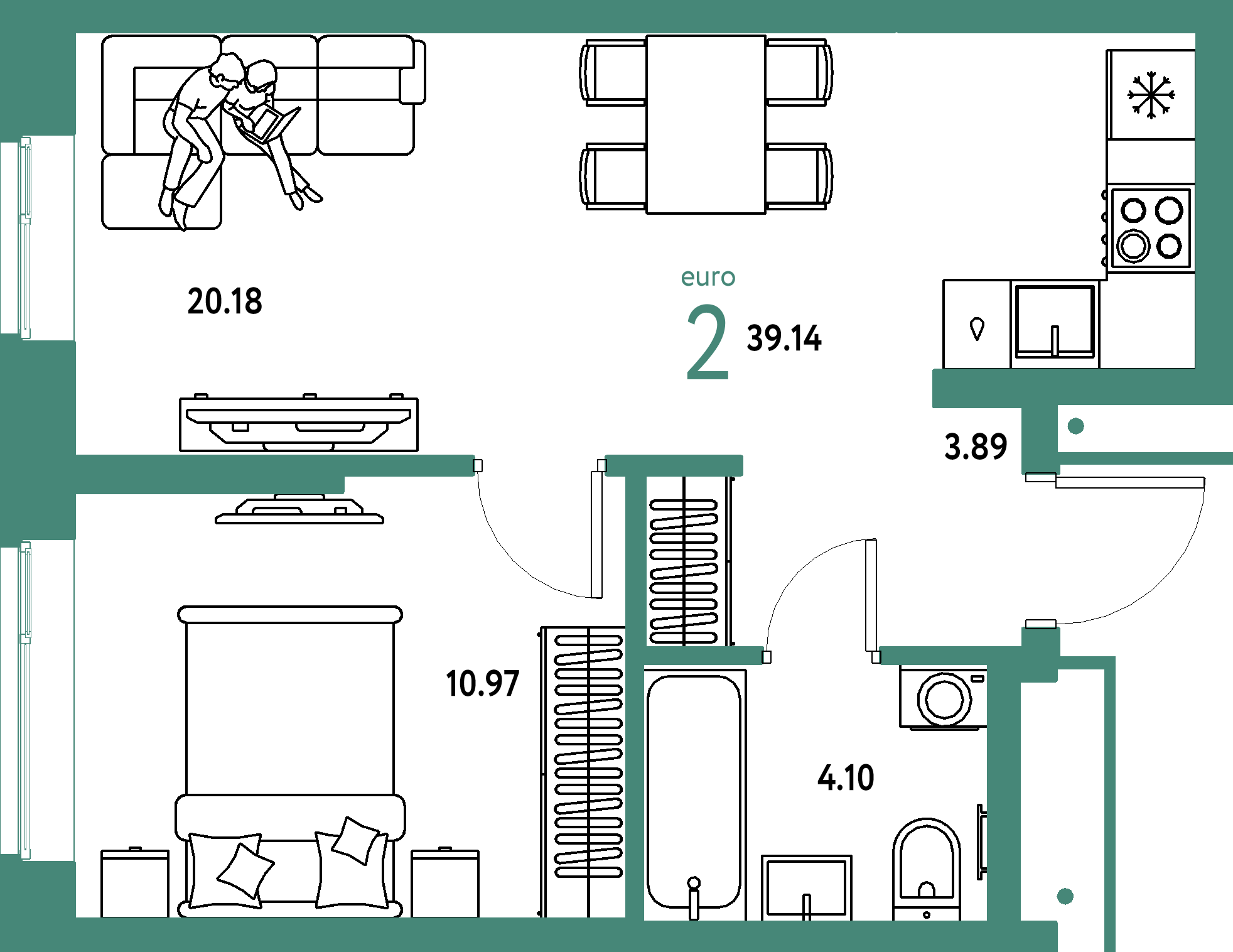 Планировка: Евродвушка 39,14 м² в ЖК «Домашний»