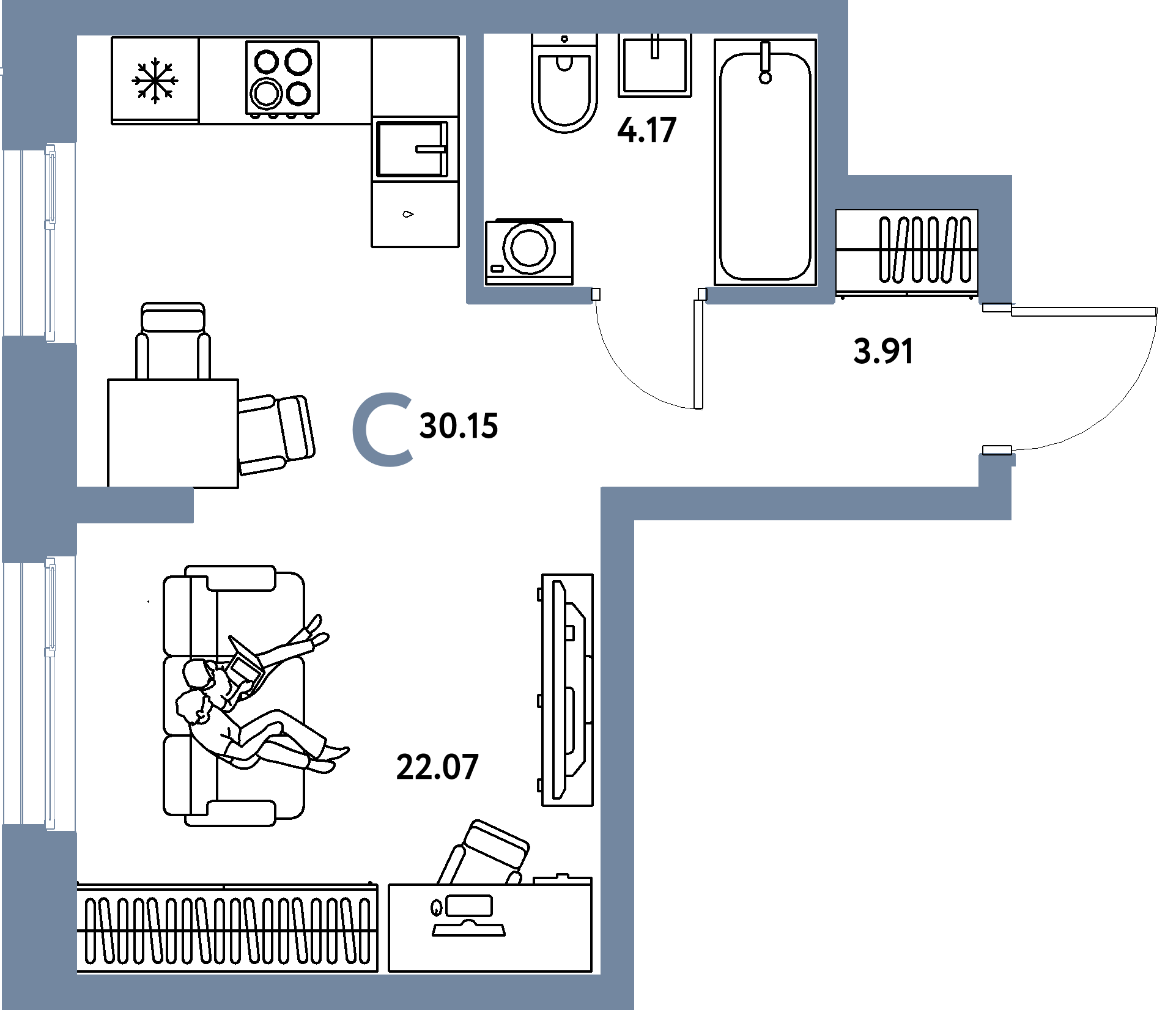 Планировка: Студия 30,15 м² в ЖК «Европейский берег 2.0»