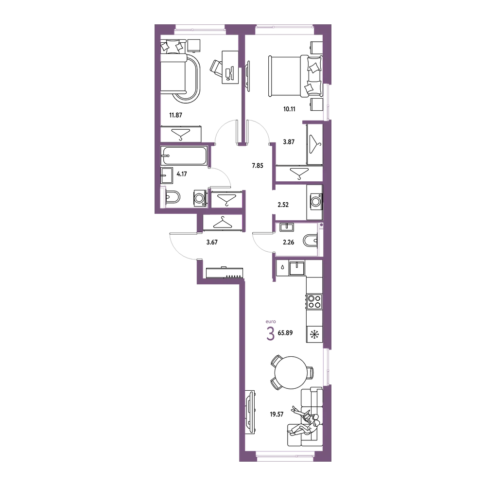 Планировка: Евротрёшка 65,89 м²