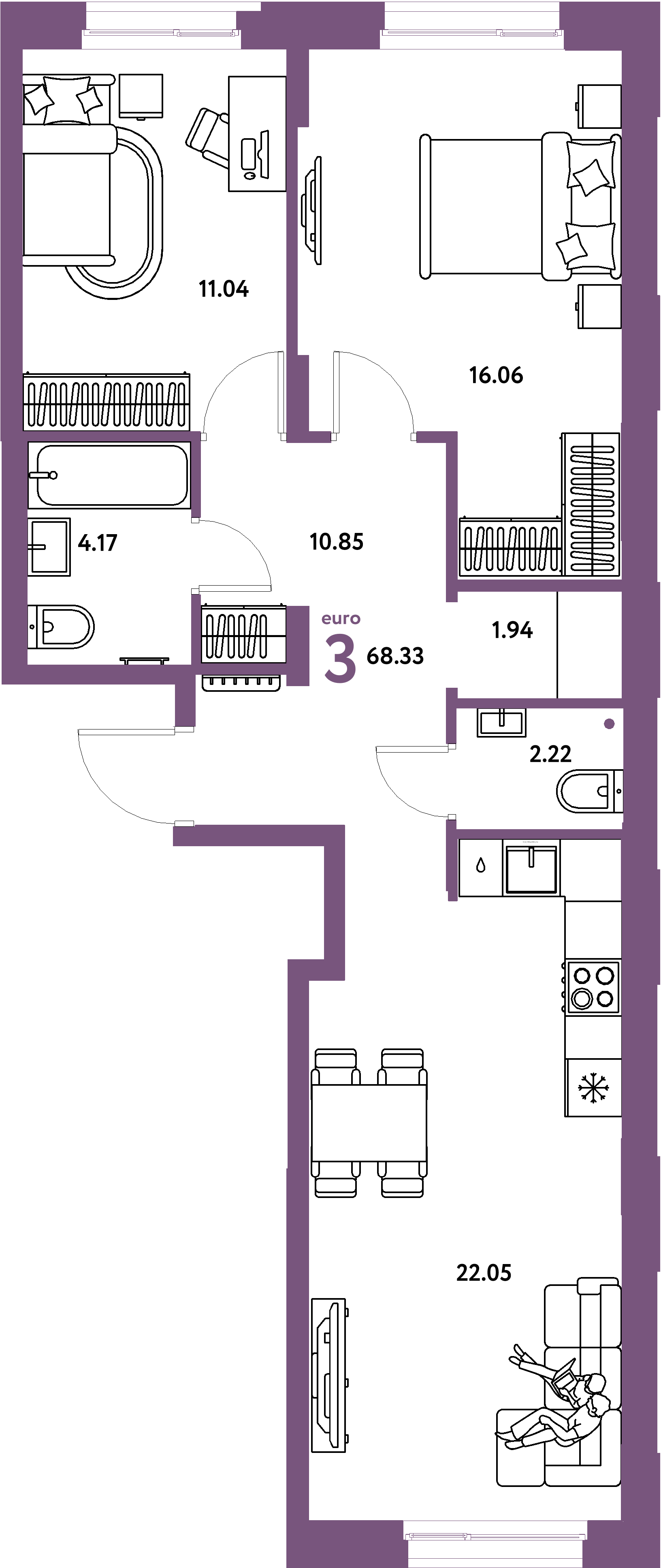 Планировка: Евротрёшка 68,33 м² в ЖК «Европейский берег 2.0»