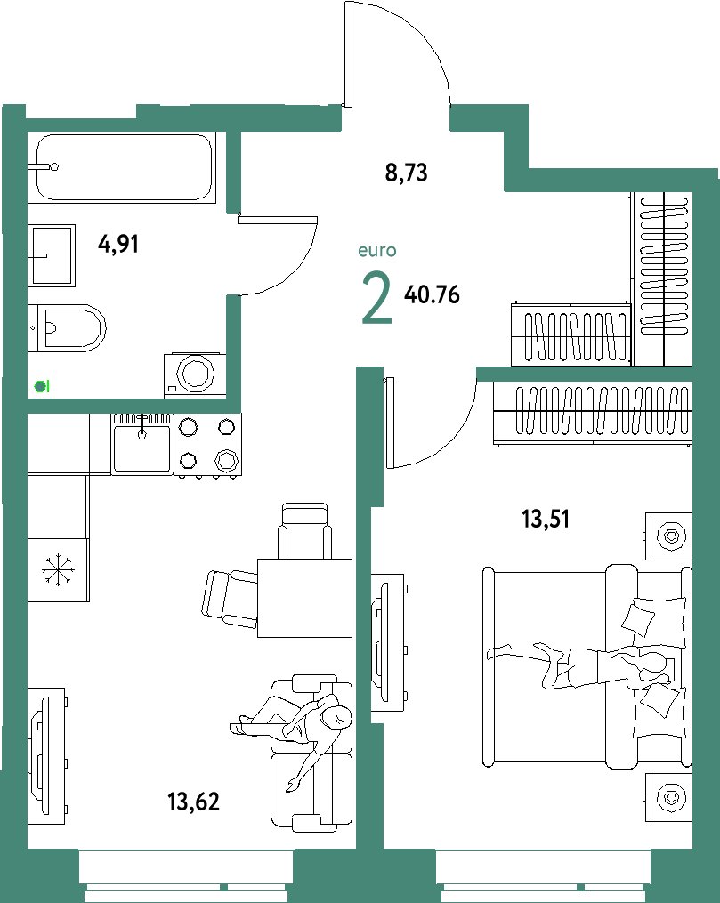 Планировка: Евродвушка 40,76 м² в ЖК «Авторский»